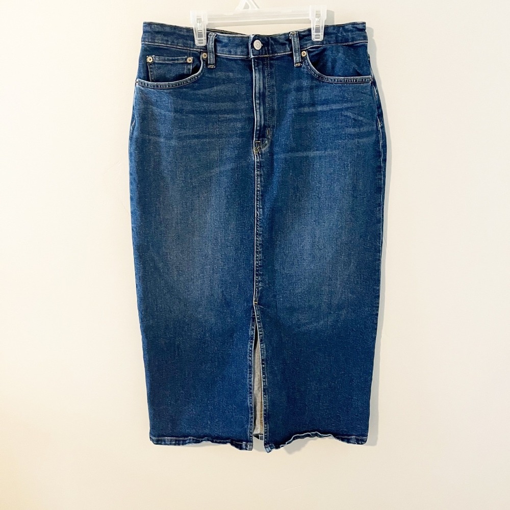 Lauren Ralph Lauren Denim Midi Skirt‎ Blue Stretch Front Slit Size 12
